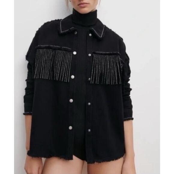 Zara Rhinestone Fringe Studded Jean Jacket  Black Size Medium - Picture 1 of 13
